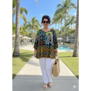 Onque Casual Blouse 3X Plus Tropical Boho Embellished V-Neck Resort Wear Tunic